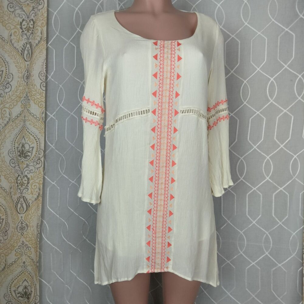 Miss Me Cream Embroidered Tunic Dress Top Size S EUC